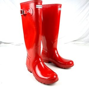 HUNTER Women's Original Tall Gloss Rubber Rain Boots Red Color Size 9
